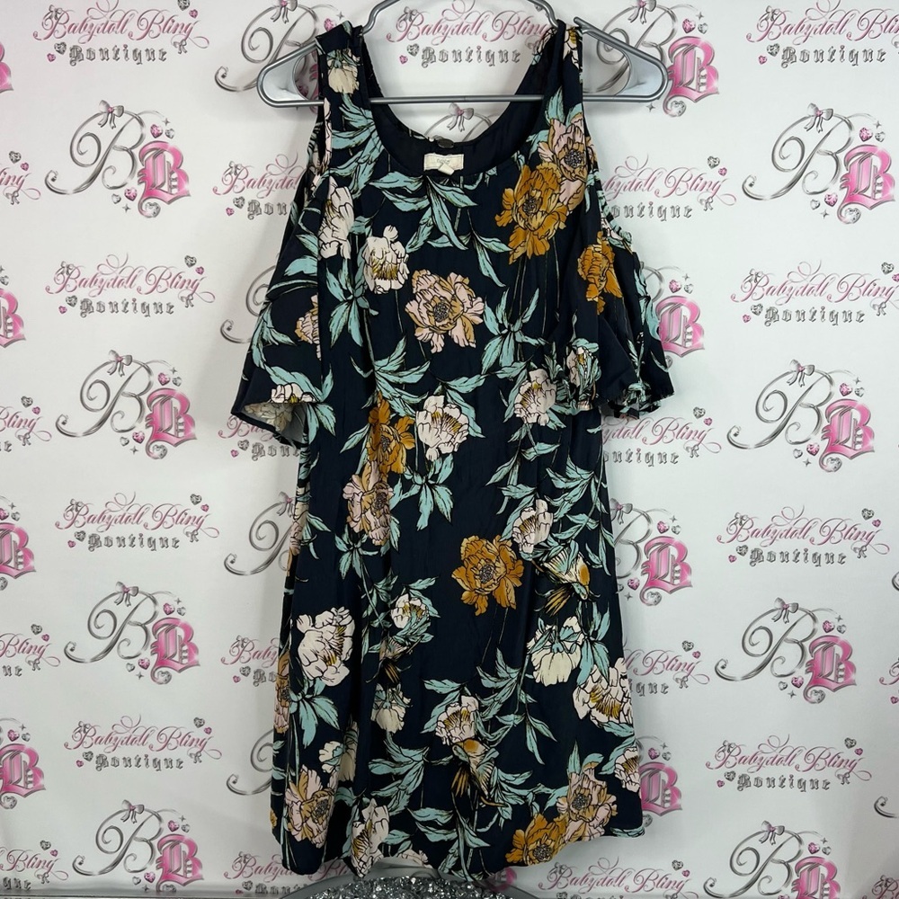 Cupio dress navy Black Floral Mini Dress open cold shoulder flowy flowers